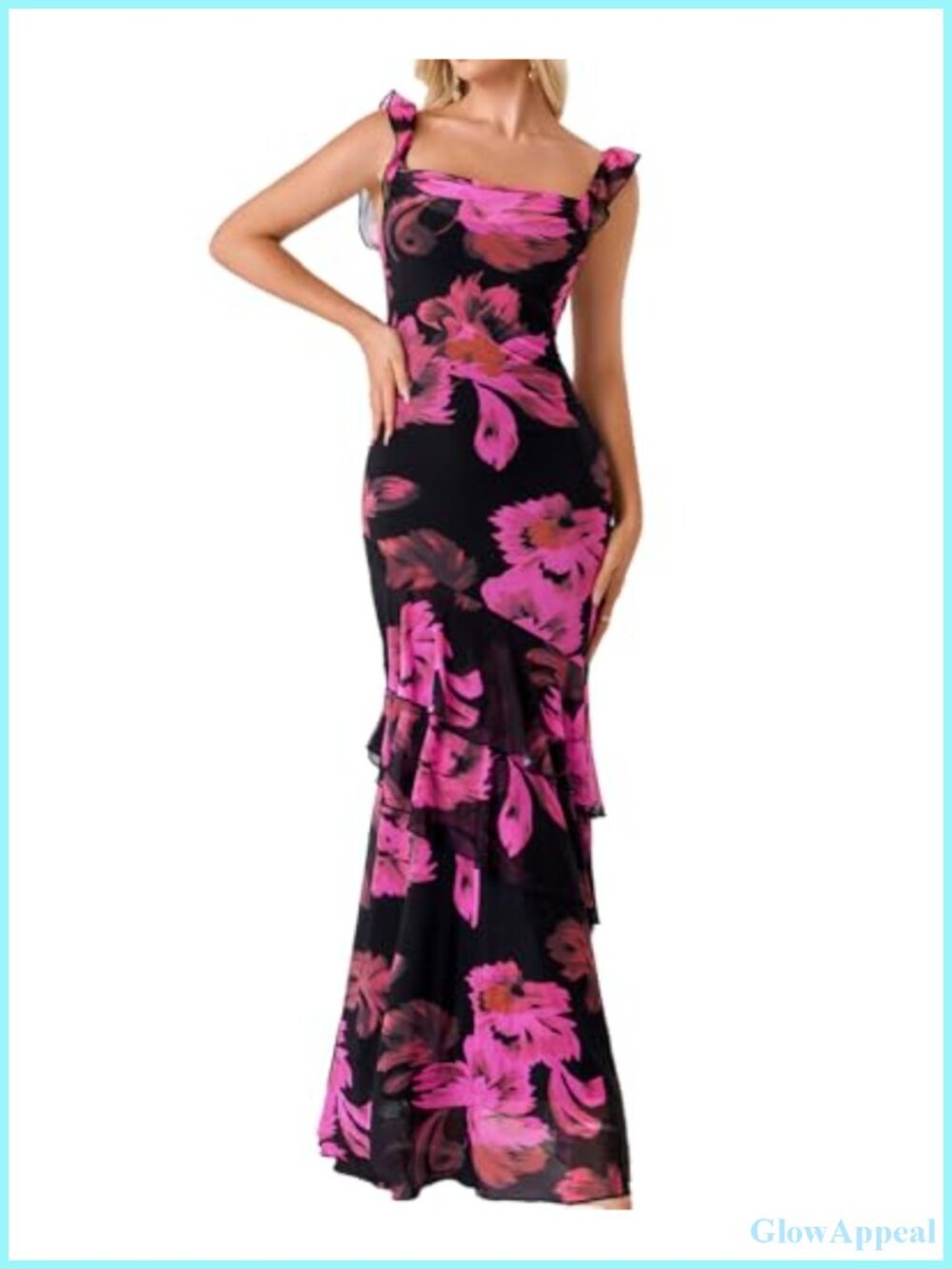 Floral Mesh Maxi Dress Cowl Neck Ruffle Bodycon Formal Wedding Guest Cocktail